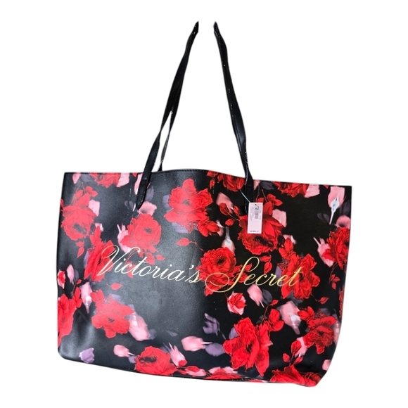 $58 VICTORIA'S SECRET SHOULDER TRAVEL BAG BLACK FLORAL RED ROSES LARGE - Picture 1 of 16